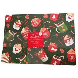 Christmas Hot Chocolate Placemats Set of 4 Vinyl Foam Back Holiday 13x18" Green